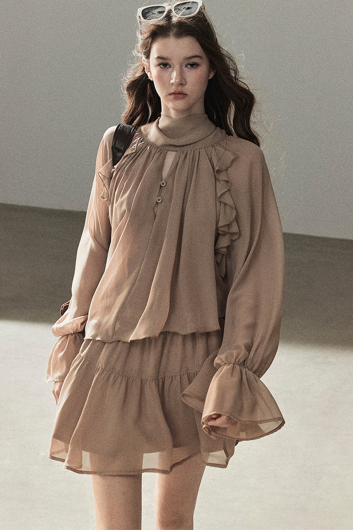 Ruffle Puffy Chiffon Dress and Leggings Set