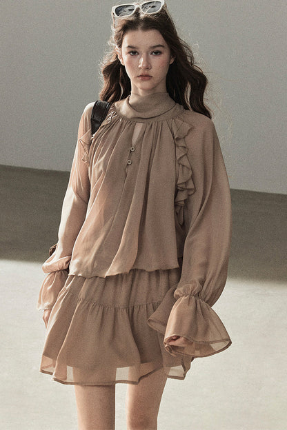 Ruffle Puffy Chiffon Dress and Leggings Set