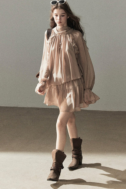 Ruffle Puffy Chiffon Dress and Leggings Set