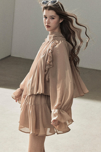 Ruffle Puffy Chiffon Dress and Leggings Set