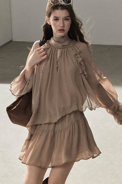 Ruffle Puffy Chiffon Dress and Leggings Set
