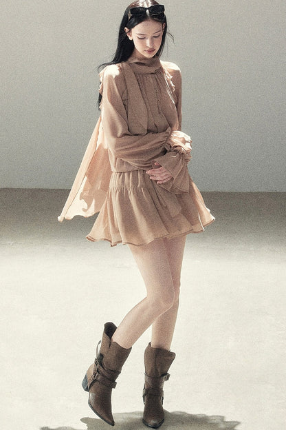 Ruffle Puffy Chiffon Dress and Leggings Set