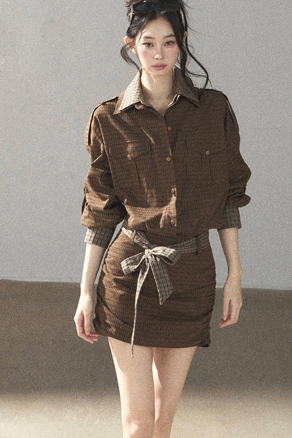 Hemdblusenkleid mit Baum-Karomuster