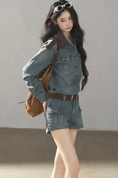Denim Jacket Shirt And Cargo Shorts Set-Up