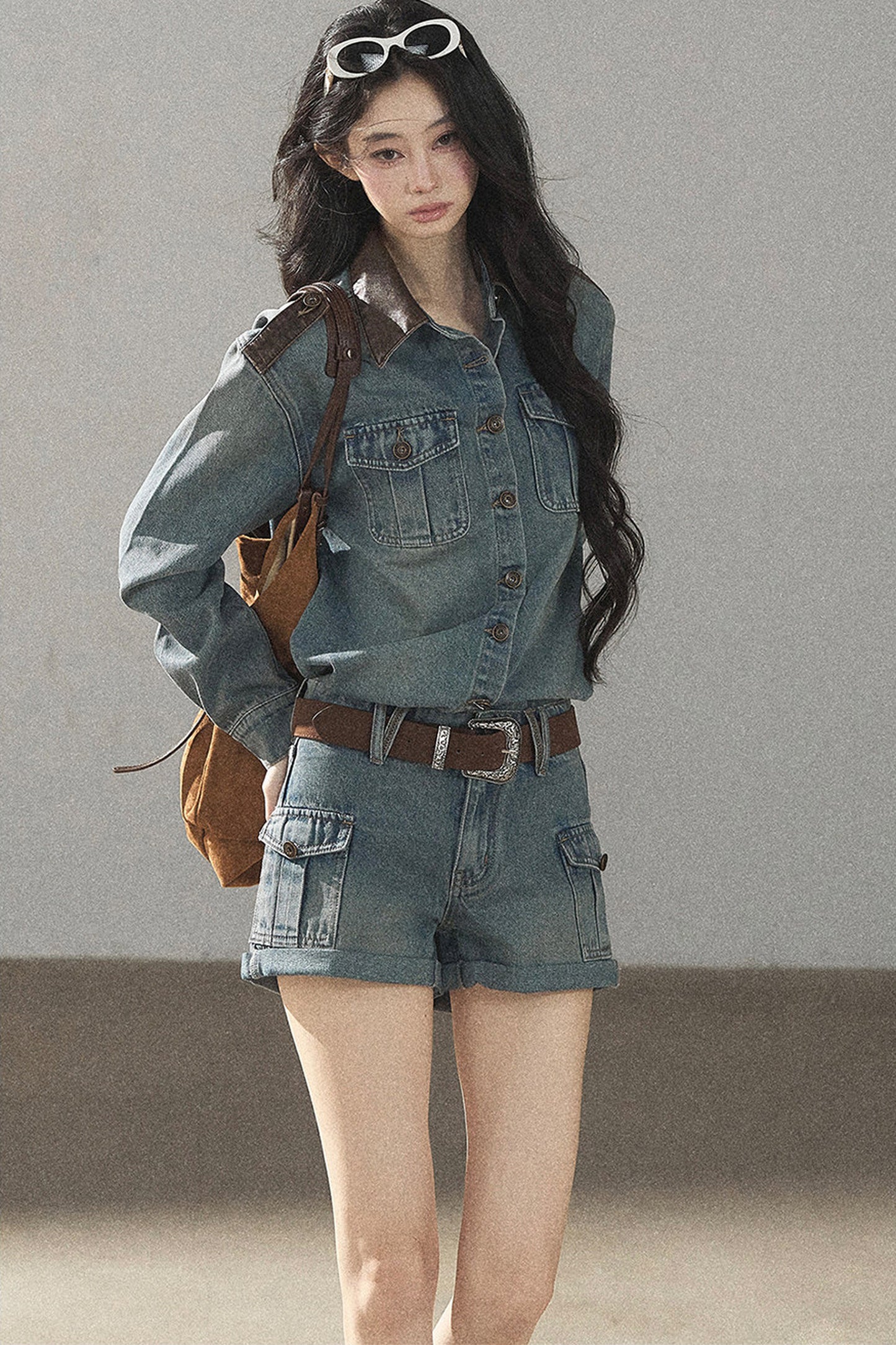 Denim Jacket Shirt And Cargo Shorts Set-Up