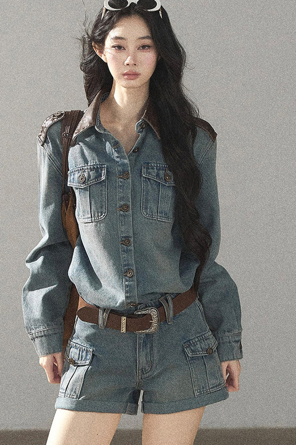 Denim Jacket Shirt And Cargo Shorts Set-Up