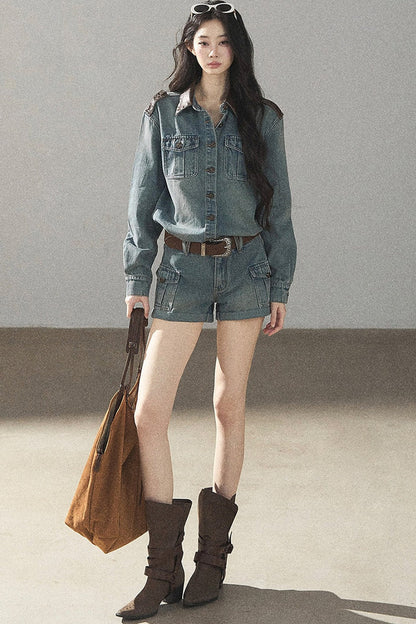 Denim Jacket Shirt And Cargo Shorts Set-Up