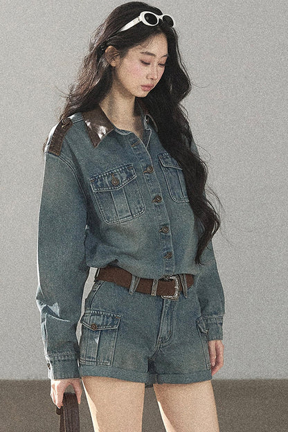 Denim Jacket Shirt And Cargo Shorts Set-Up