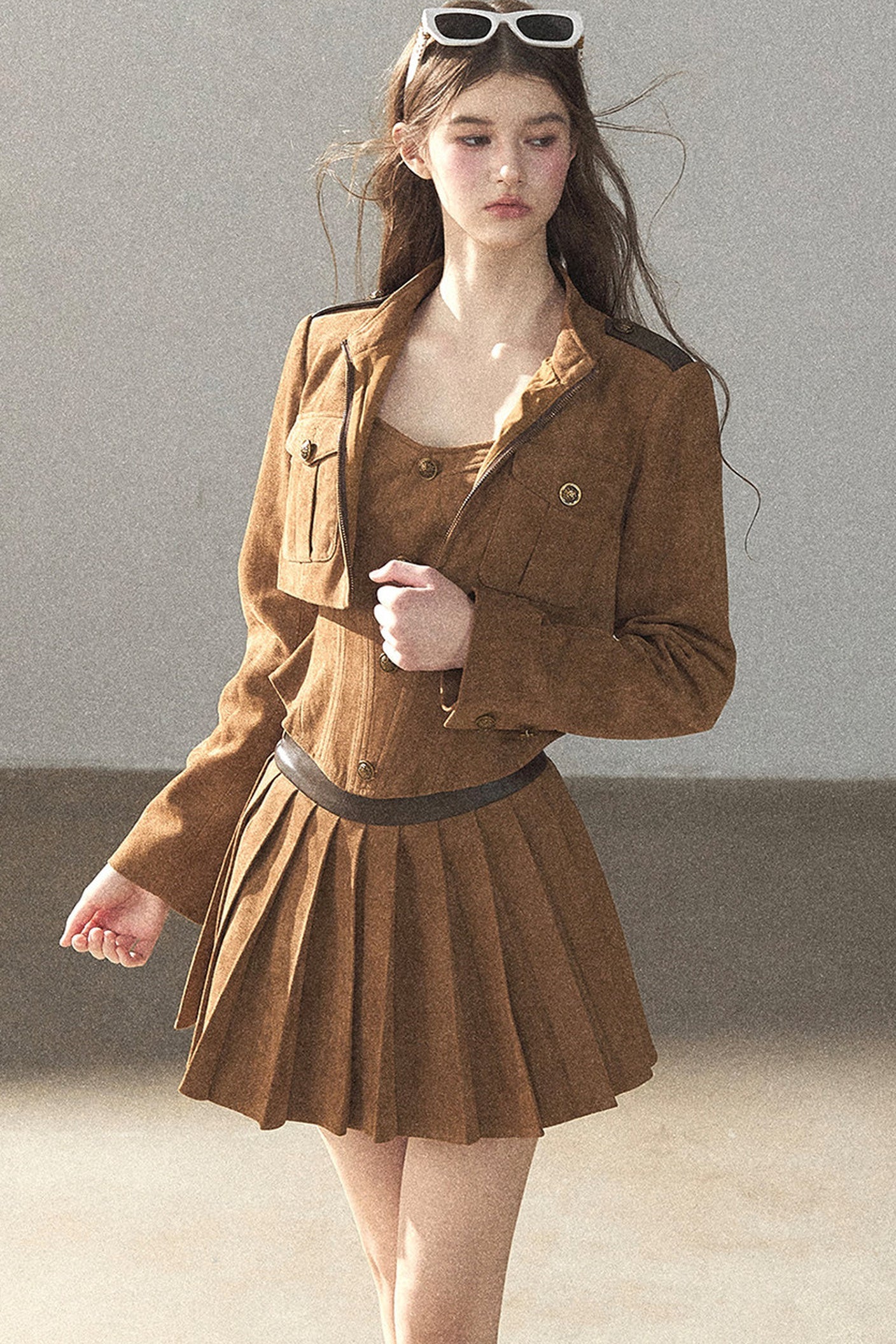 Autumn Coat and Pleated Skirt Three-Piece Set-Up