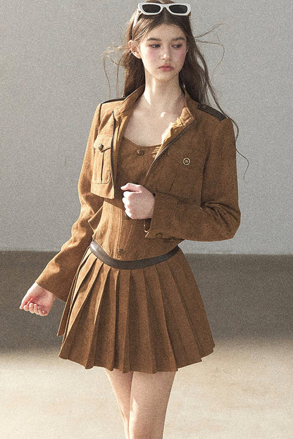 Autumn Coat and Pleated Skirt Three-Piece Set-Up
