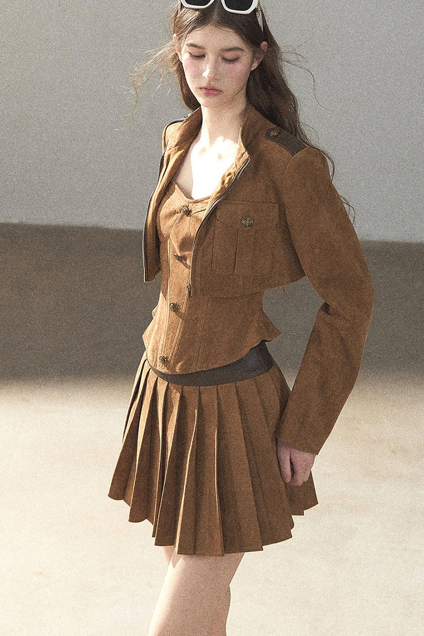 Autumn Coat and Pleated Skirt Three-Piece Set-Up