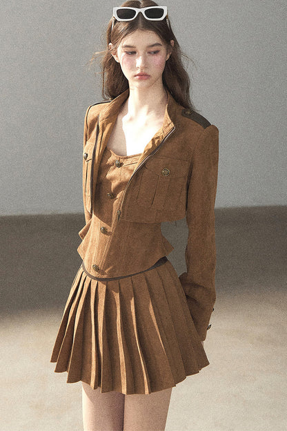 Autumn Coat and Pleated Skirt Three-Piece Set-Up