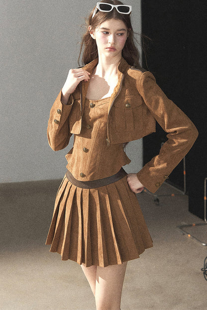Autumn Coat and Pleated Skirt Three-Piece Set-Up