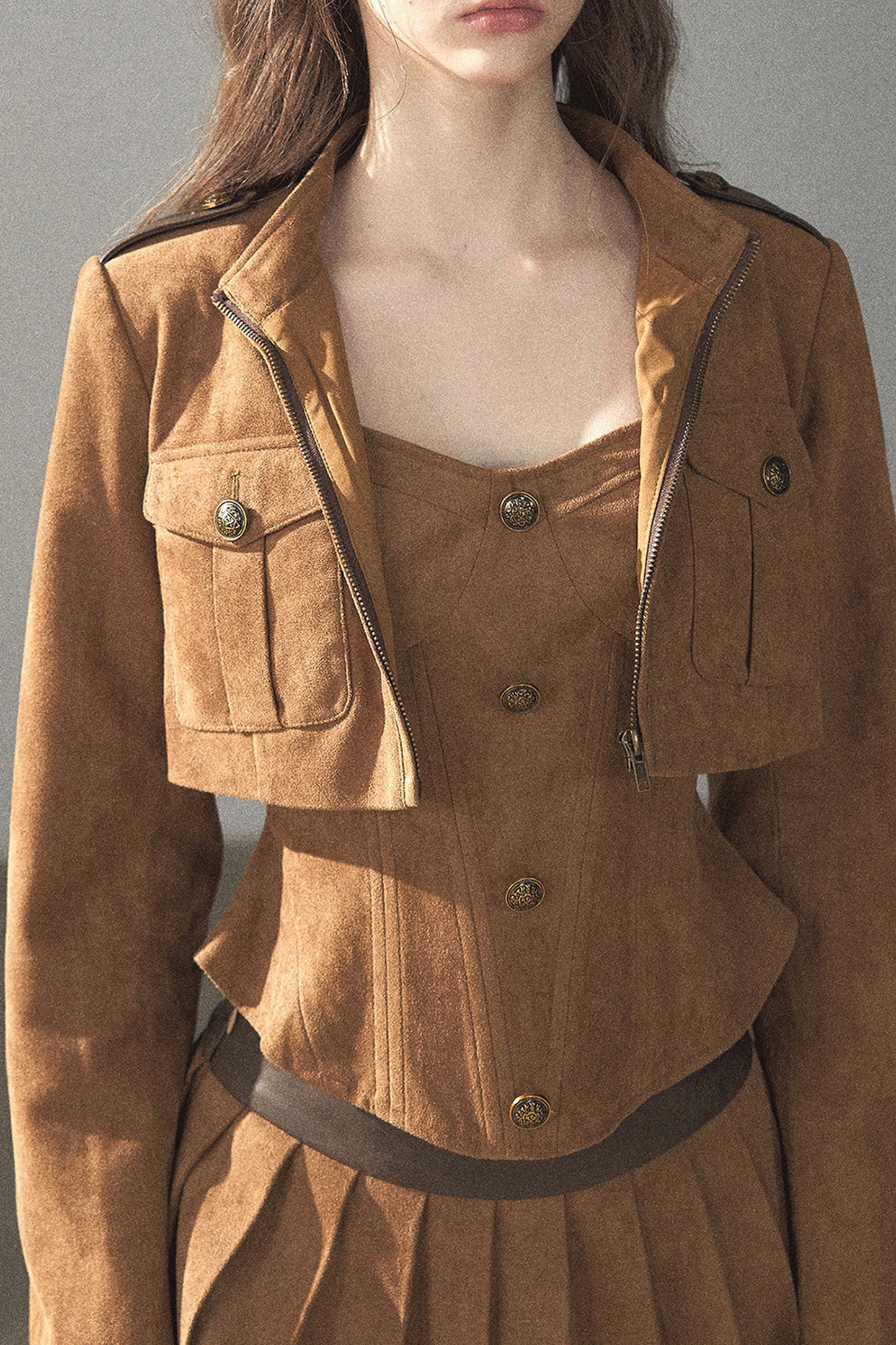 Autumn Coat and Pleated Skirt Three-Piece Set-Up