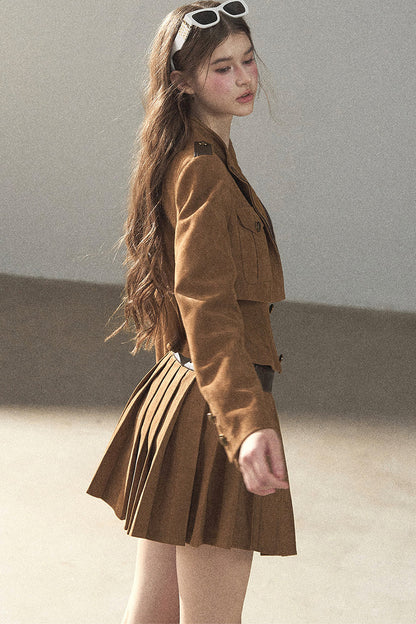 Autumn Coat and Pleated Skirt Three-Piece Set-Up