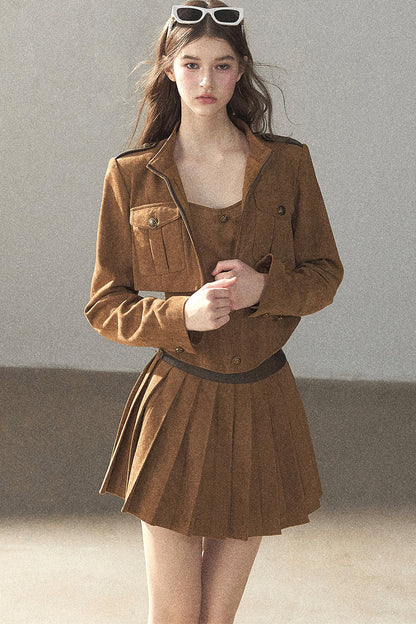 Autumn Coat and Pleated Skirt Three-Piece Set-Up