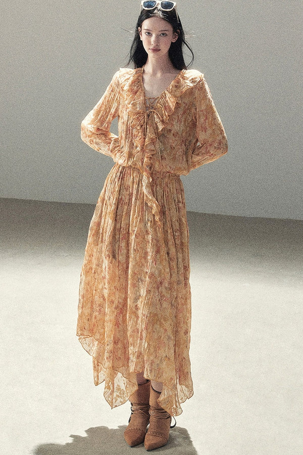 Amber Twilight Ruffled Floral Long Dress