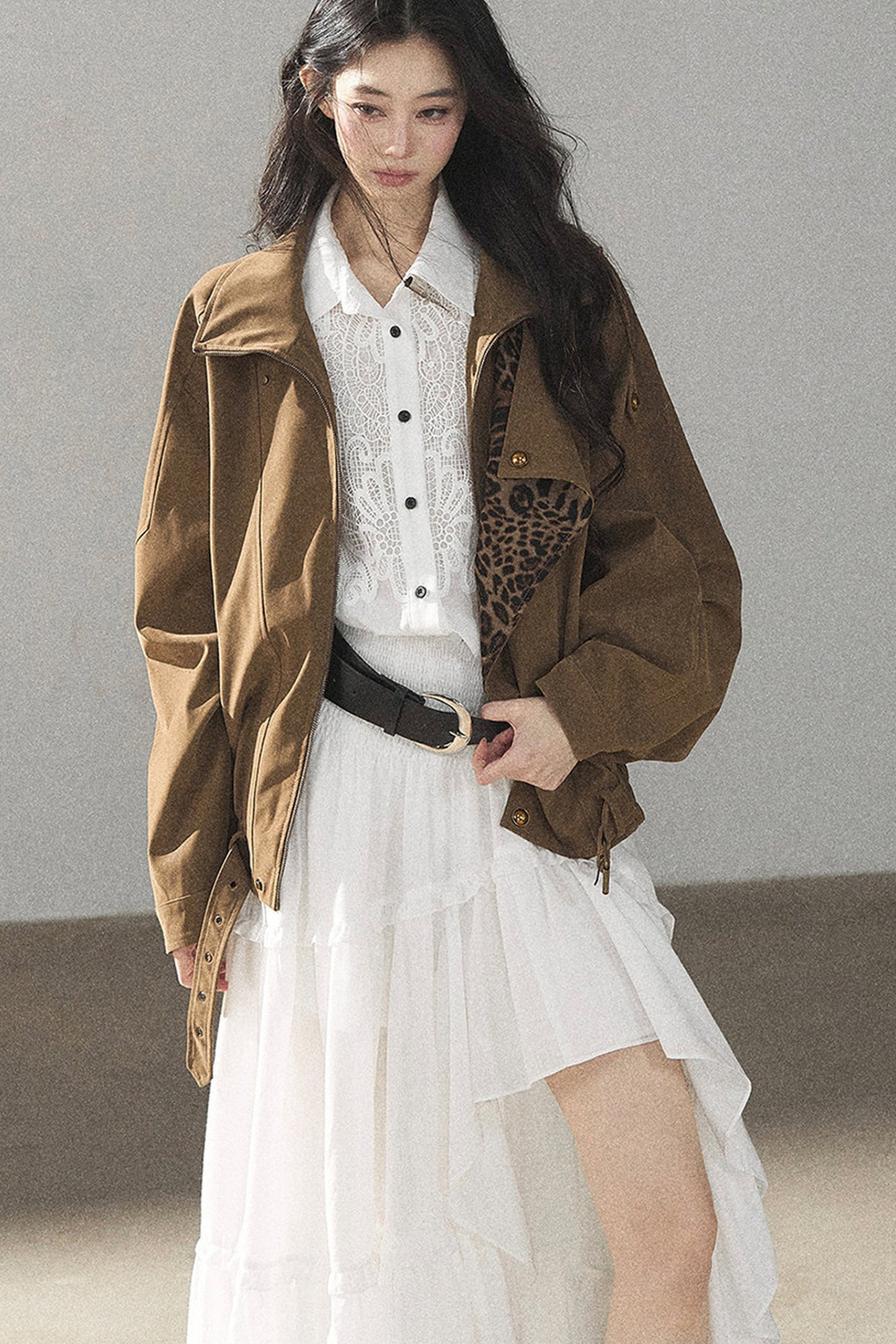 레오파드 안감 인조 스웨이드 트렌치코트