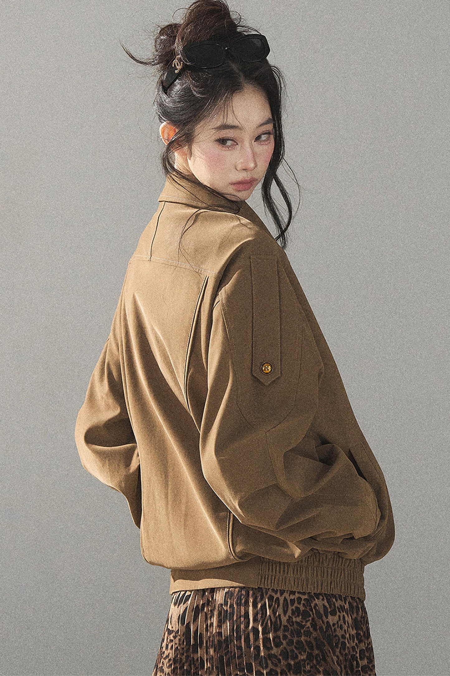 레오파드 안감 인조 스웨이드 트렌치코트
