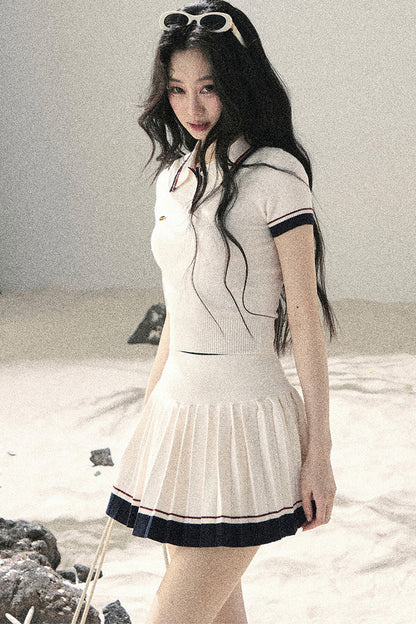 Knit Polo Top And Pleated Skirt Set-Up