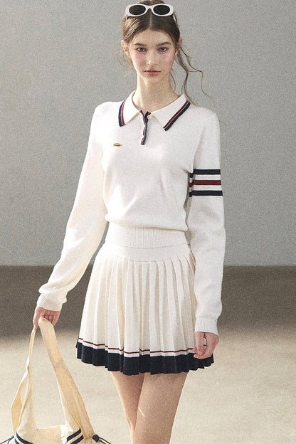 Knit Polo Top And Pleated Skirt Set-Up