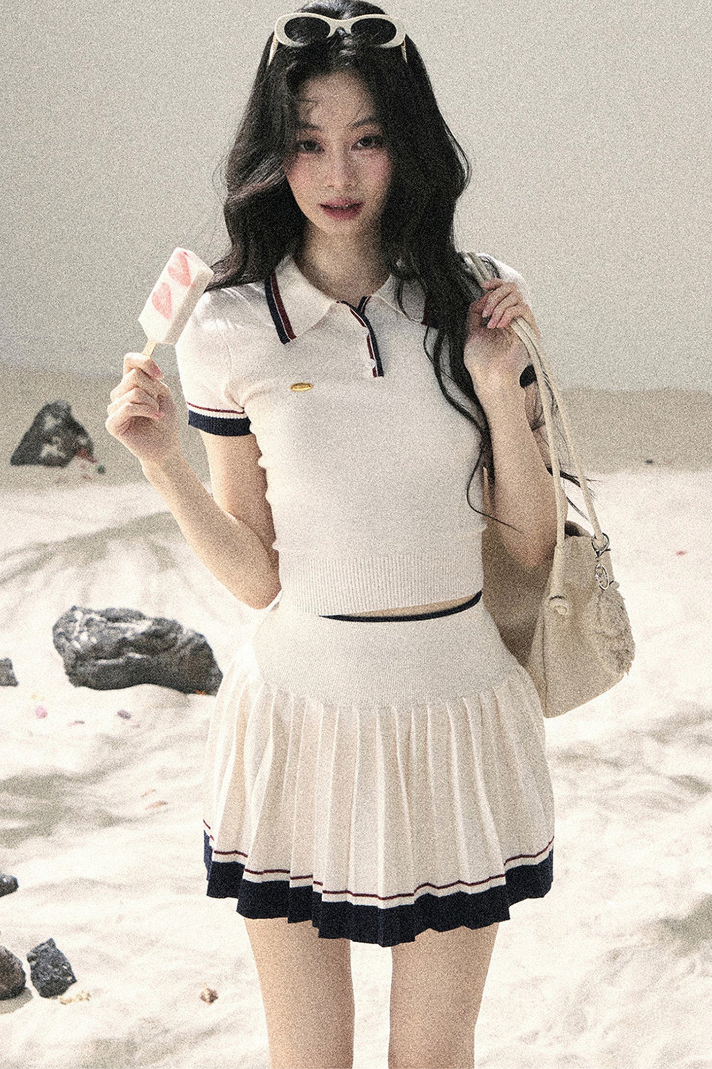 Knit Polo Top And Pleated Skirt Set-Up