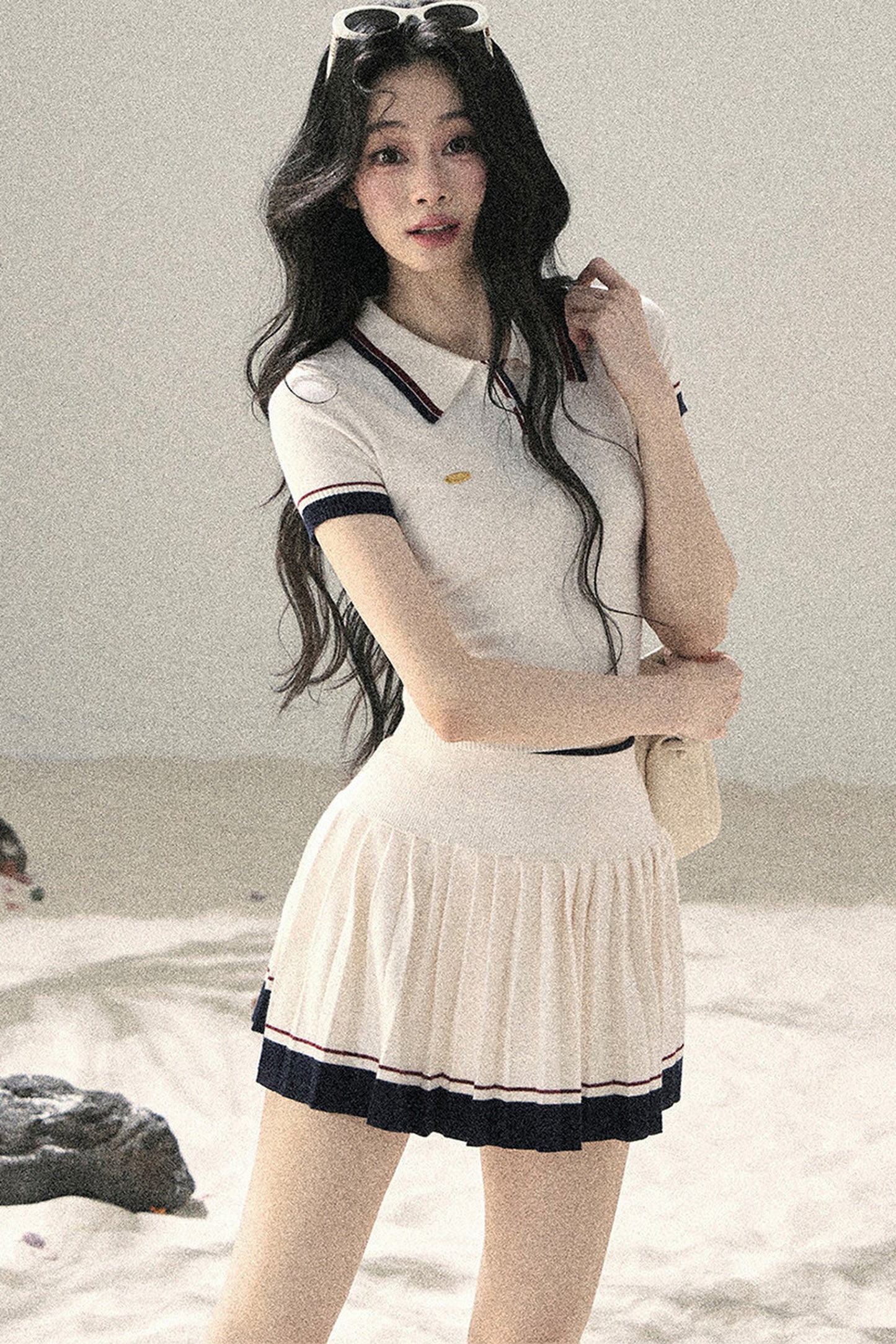 Knit Polo Top And Pleated Skirt Set-Up