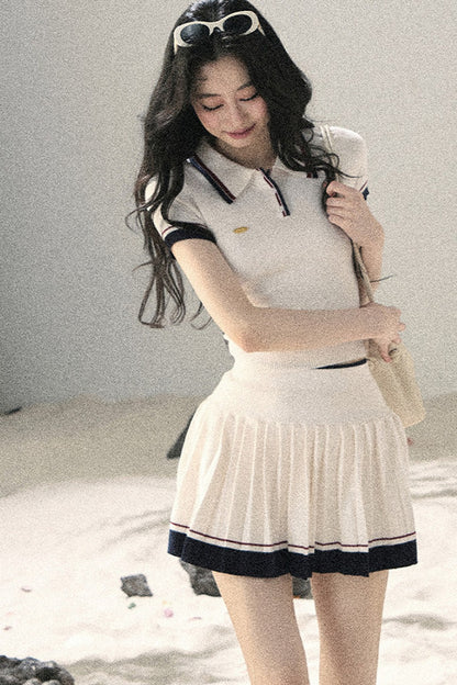 Knit Polo Top And Pleated Skirt Set-Up