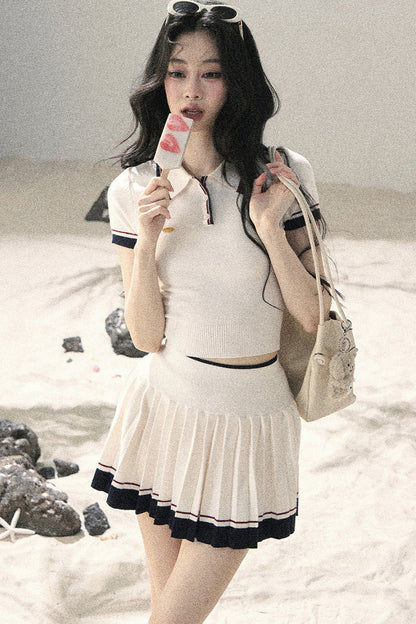 Knit Polo Top And Pleated Skirt Set-Up