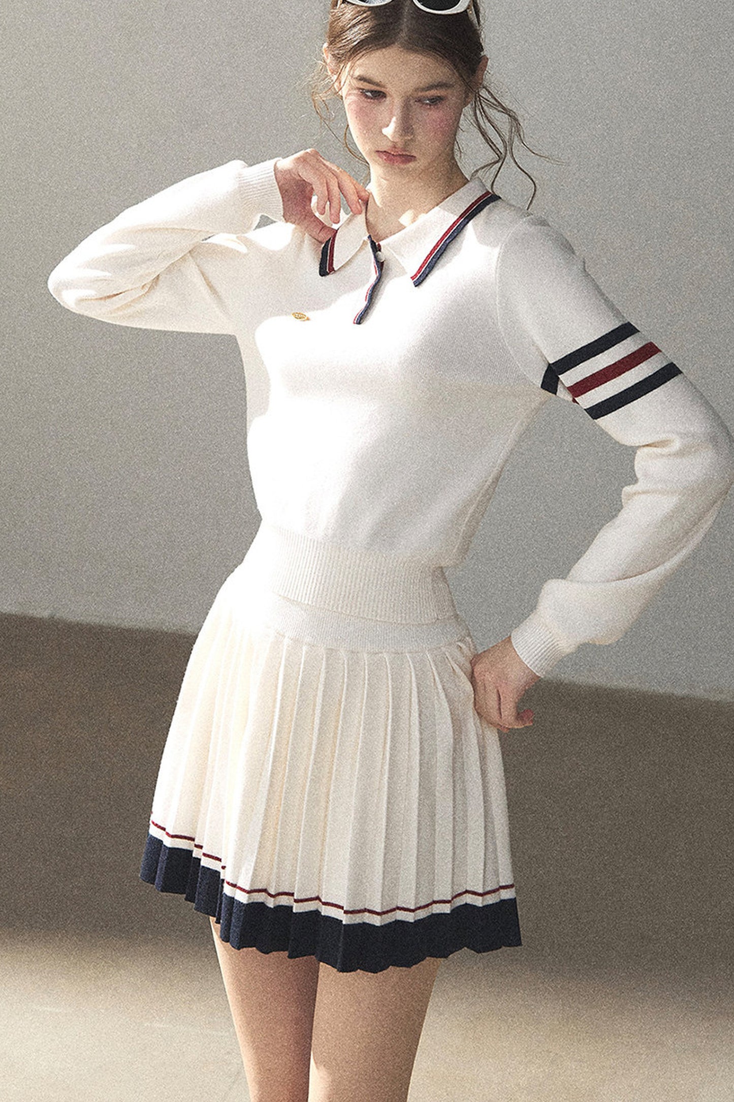 Knit Polo Top And Pleated Skirt Set-Up