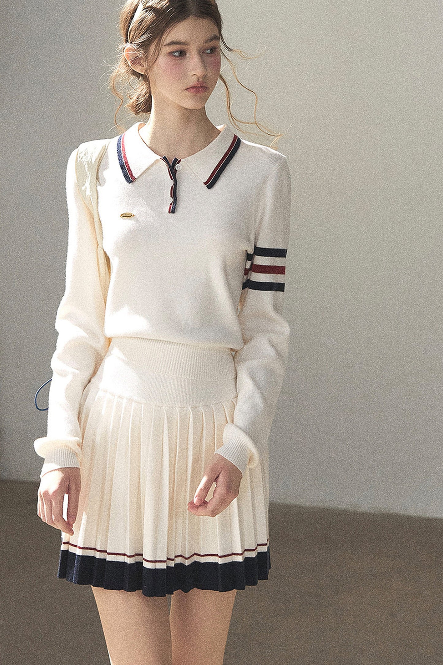 Knit Polo Top And Pleated Skirt Set-Up