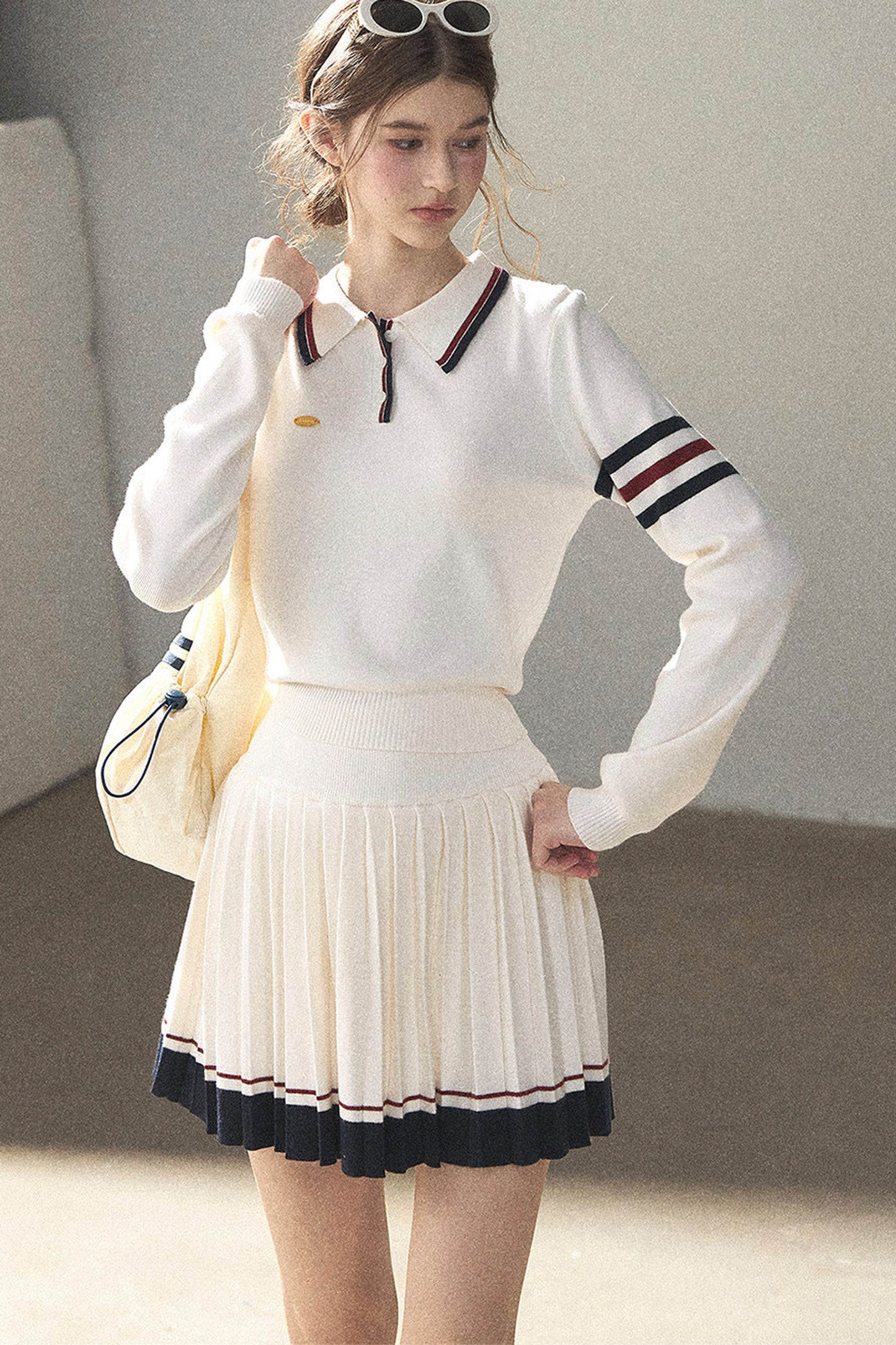 Knit Polo Top And Pleated Skirt Set-Up
