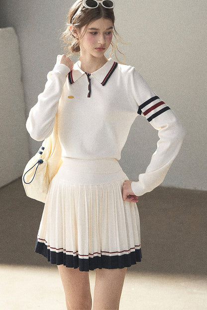 Knit Polo Top And Pleated Skirt Set-Up
