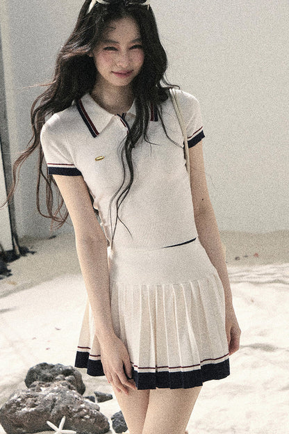 Knit Polo Top And Pleated Skirt Set-Up