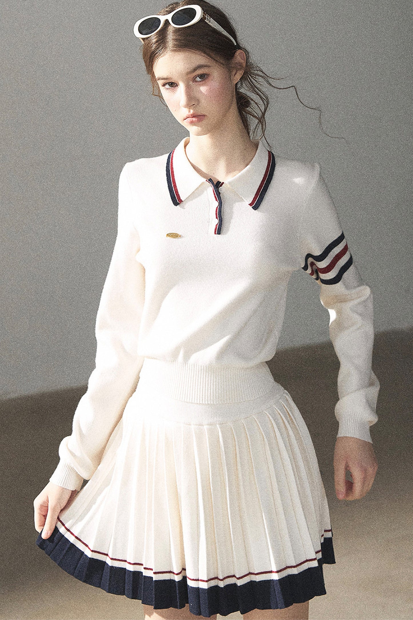 Knit Polo Top And Pleated Skirt Set-Up