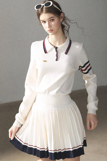 Knit Polo Top And Pleated Skirt Set-Up