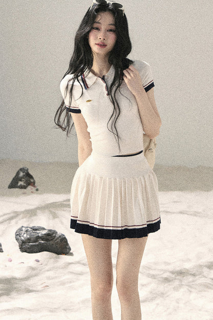 Knit Polo Top And Pleated Skirt Set-Up
