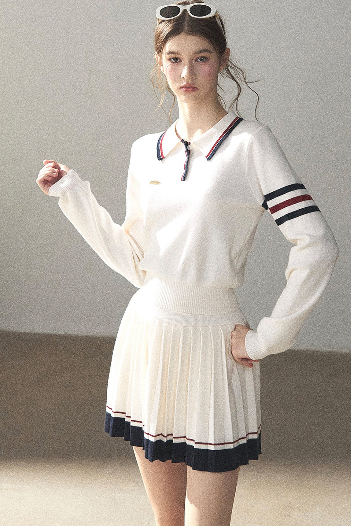 Knit Polo Top And Pleated Skirt Set-Up
