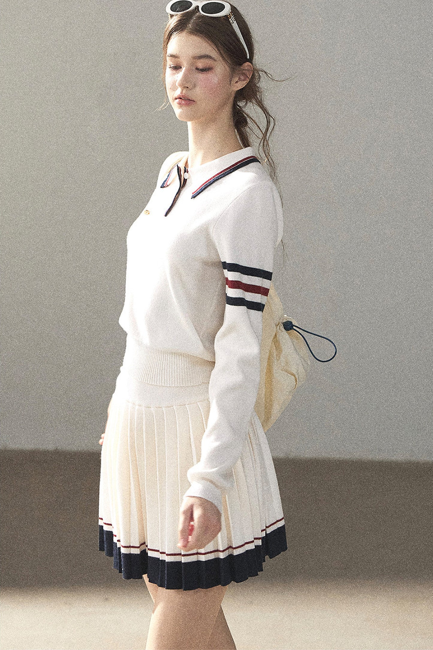 Knit Polo Top And Pleated Skirt Set-Up