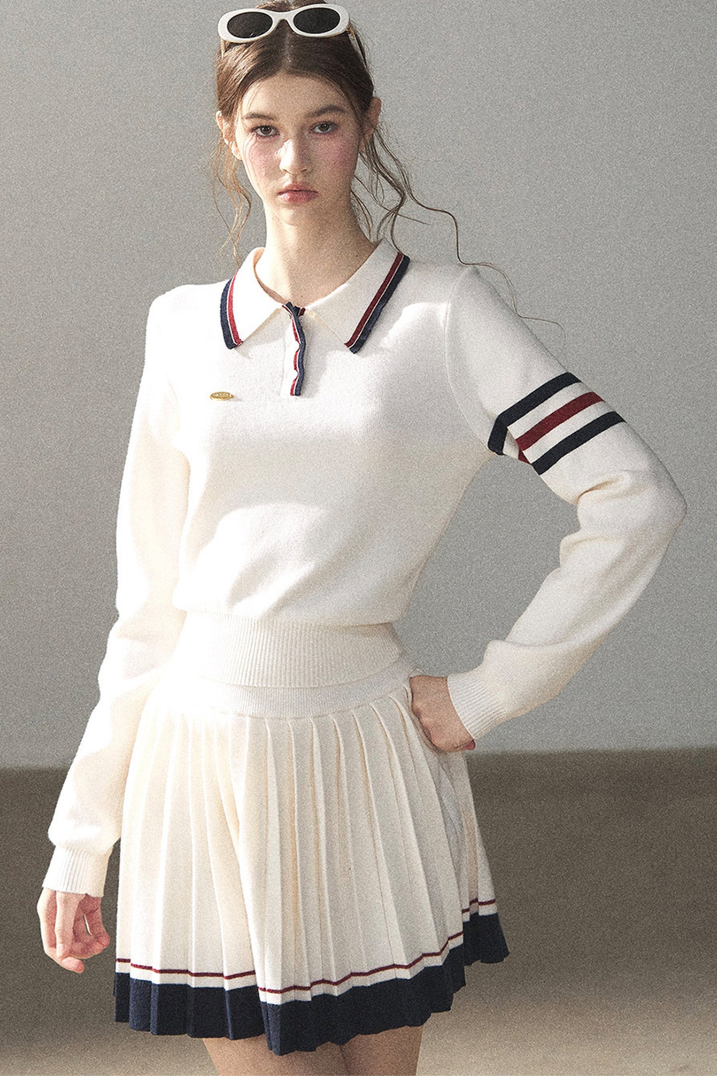 Knit Polo Top And Pleated Skirt Set-Up