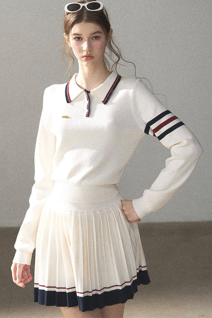 Knit Polo Top And Pleated Skirt Set-Up