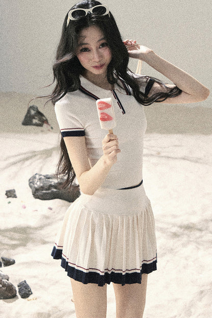 Knit Polo Top And Pleated Skirt Set-Up