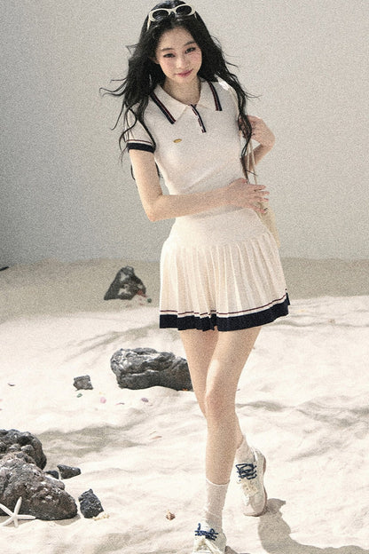 Knit Polo Top And Pleated Skirt Set-Up