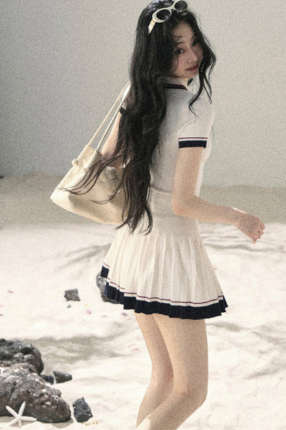 Knit Polo Top And Pleated Skirt Set-Up