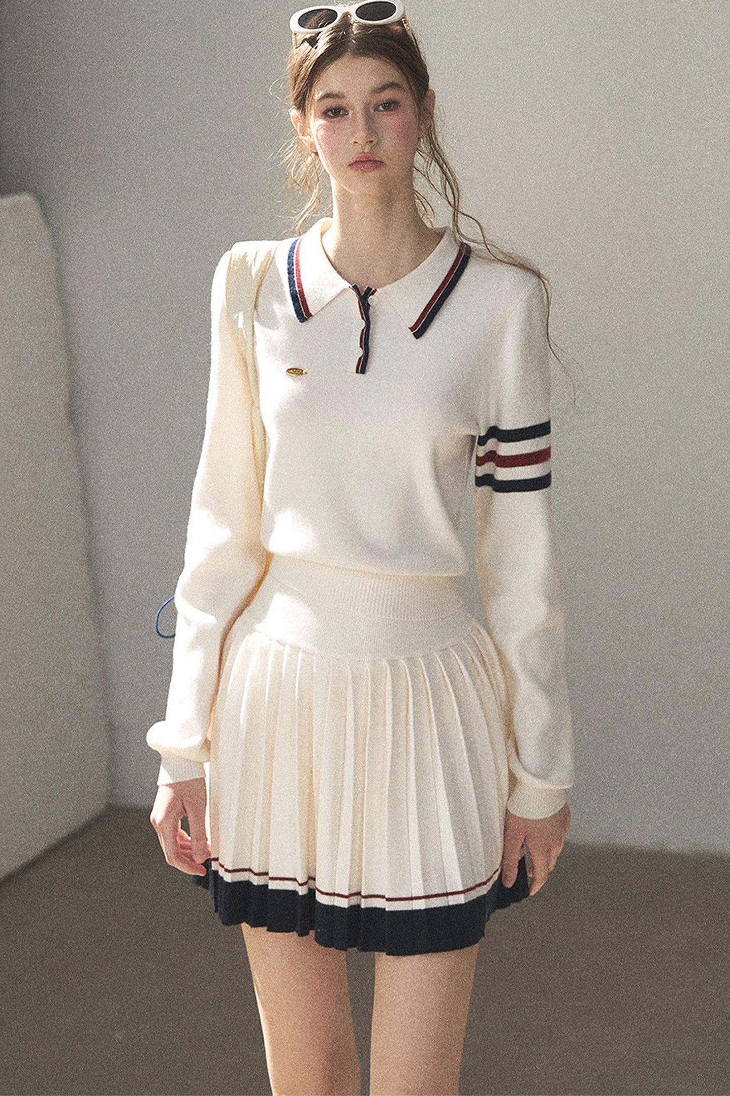 Knit Polo Top And Pleated Skirt Set-Up