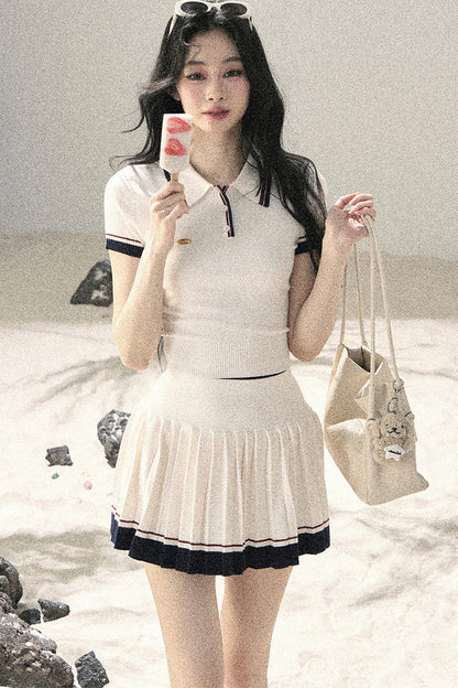 Knit Polo Top And Pleated Skirt Set-Up