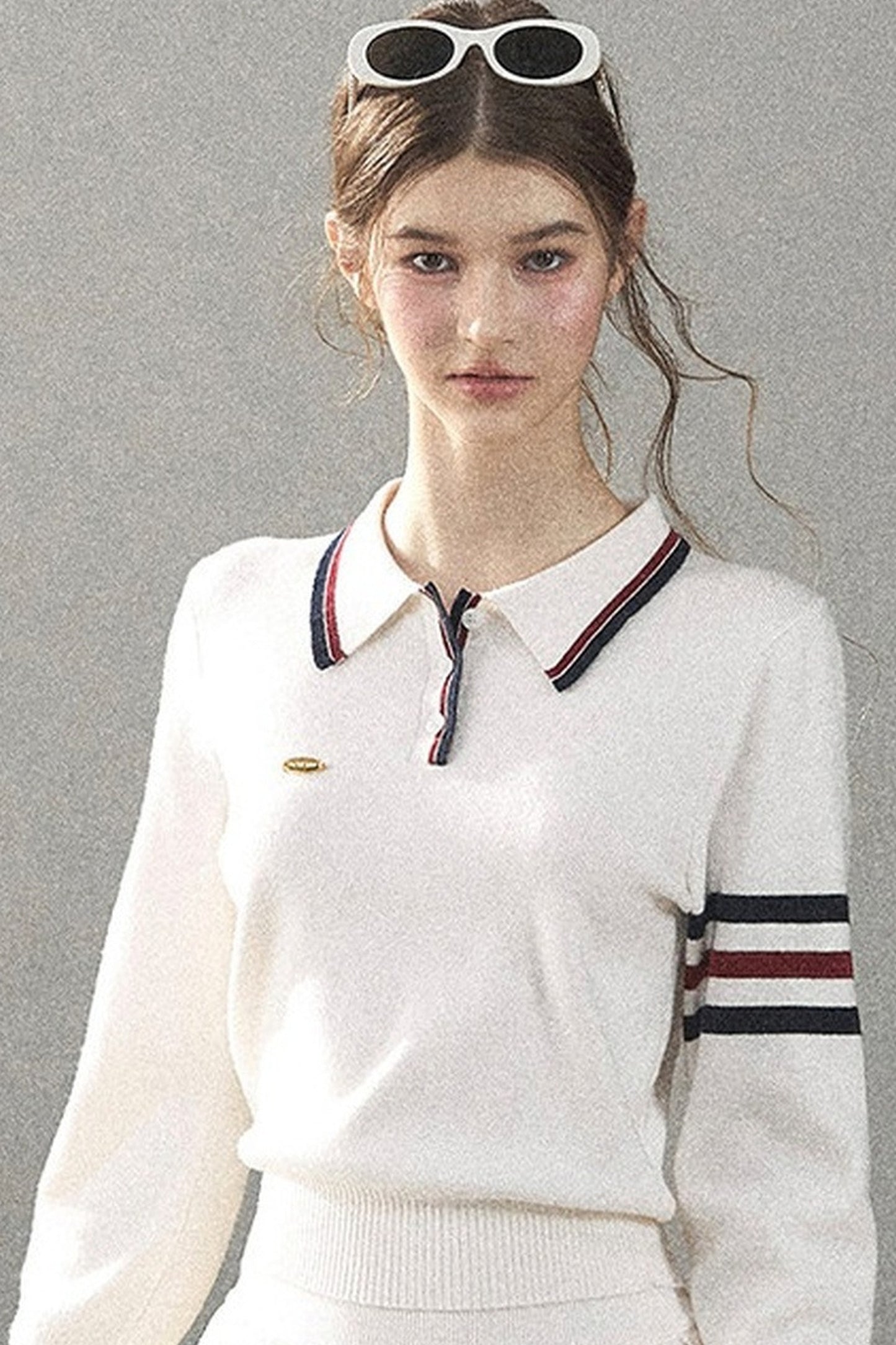 Knit Polo Top And Pleated Skirt Set-Up