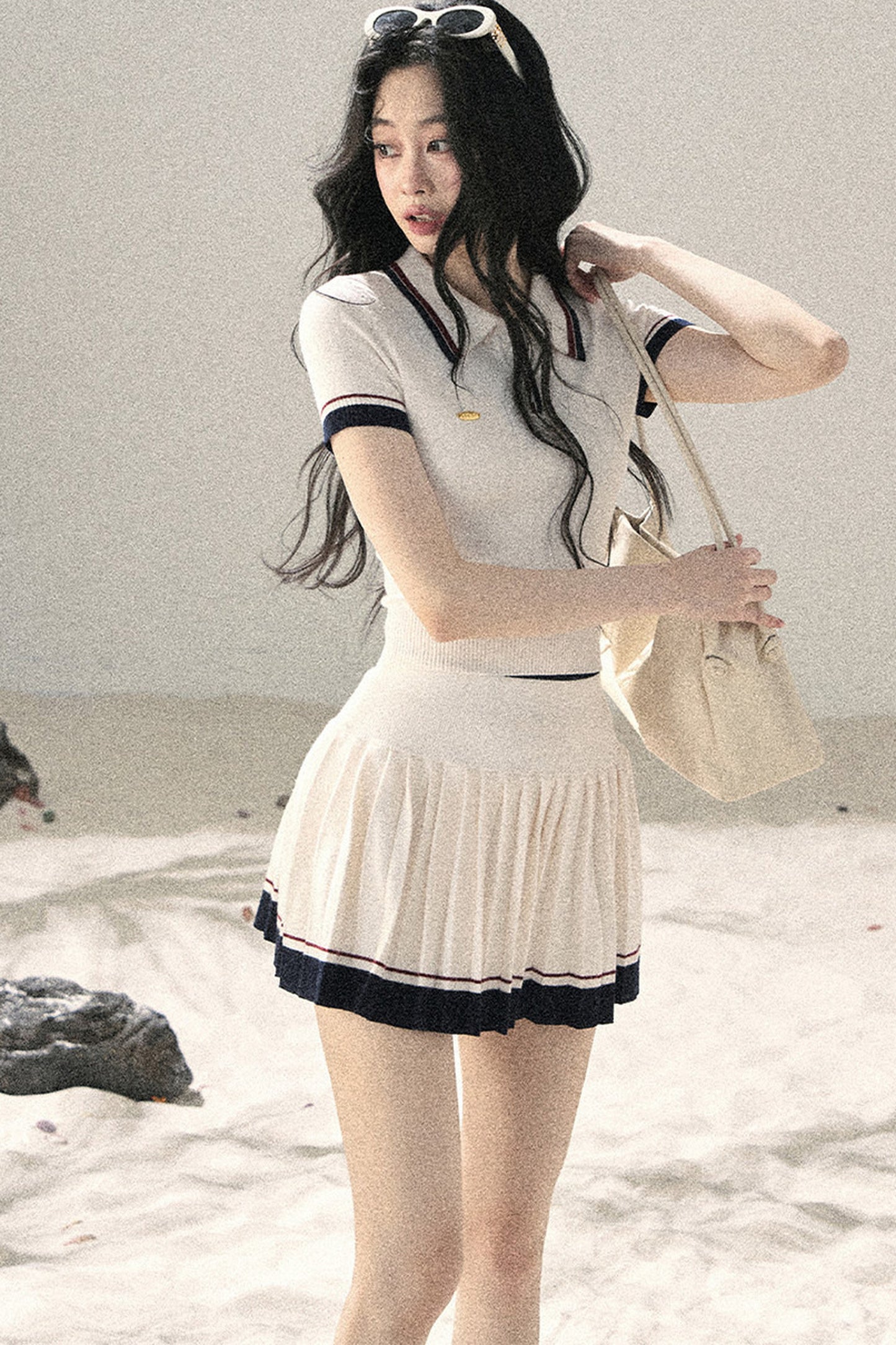 Knit Polo Top And Pleated Skirt Set-Up
