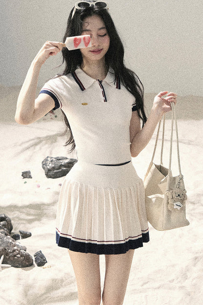 Knit Polo Top And Pleated Skirt Set-Up