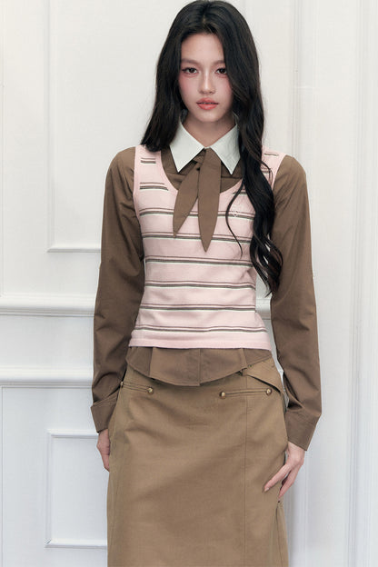 Retro Preppy Color-Blocking Shirt Knitted Vest and Skirt Set-Up